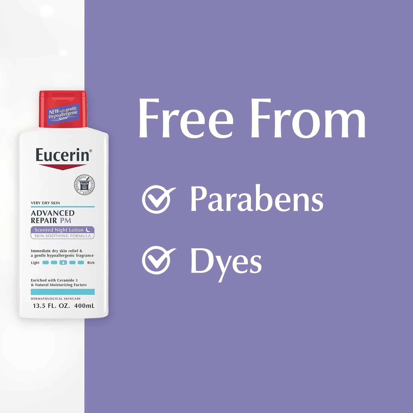 Eucerin Loción Nocturna Perfumada de Reparación Avanzada, Loción Corporal Hidratante de 48 Horas para Piel Seca con un Aroma Calmante Hipoalergénico, Sin Parabenos, Botella de 13.5 Fl Oz