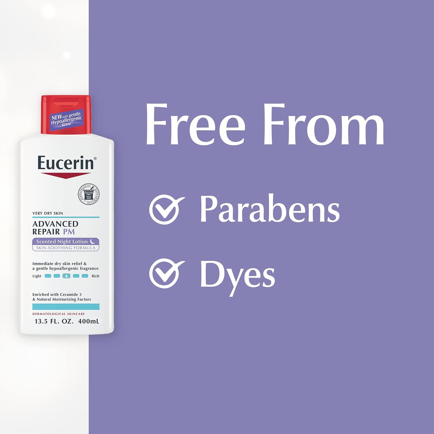 Eucerin Loción Nocturna Perfumada de Reparación Avanzada, Loción Corporal Hidratante de 48 Horas para Piel Seca con un Aroma Calmante Hipoalergénico, Sin Parabenos, Botella de 13.5 Fl Oz