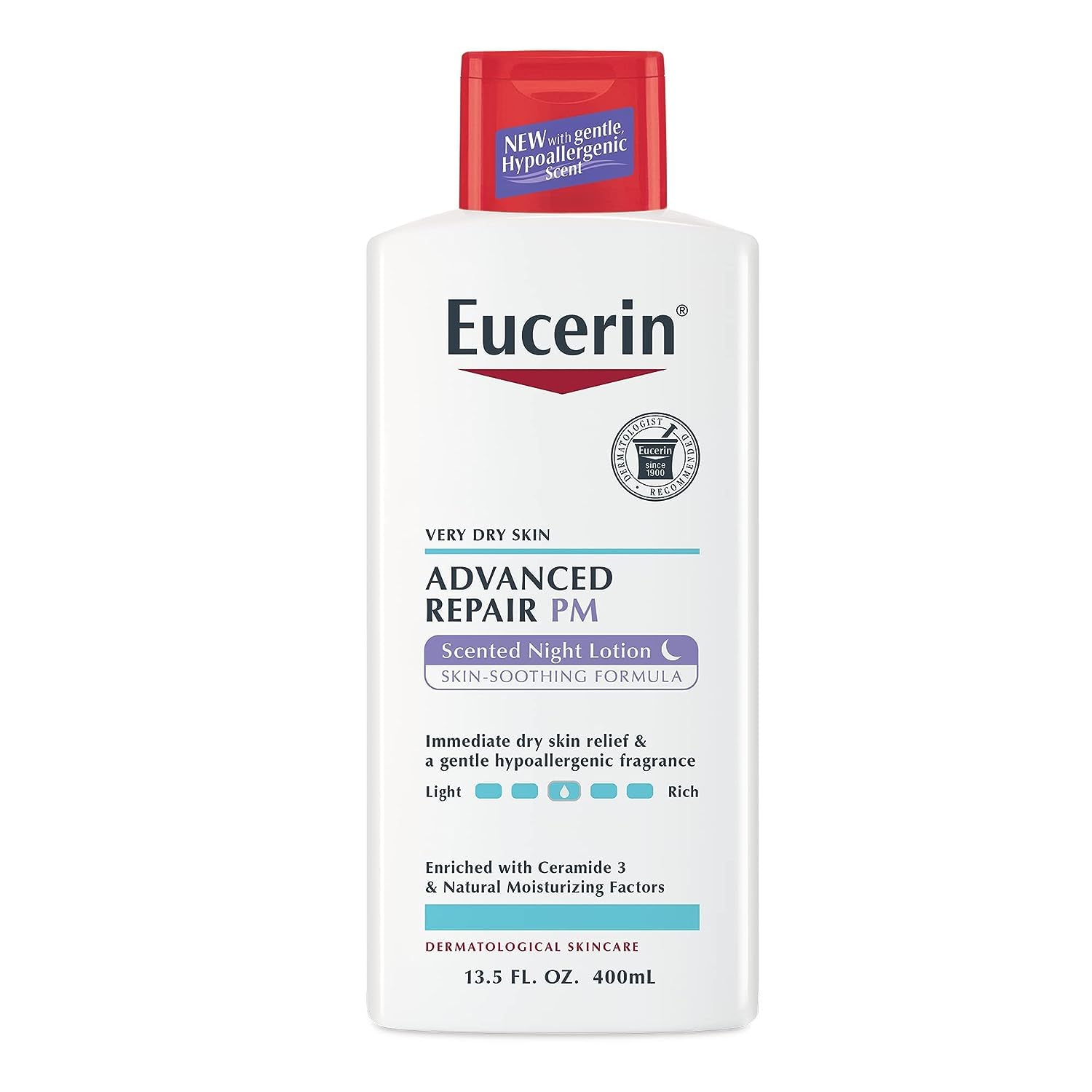 Eucerin Loción Nocturna Perfumada de Reparación Avanzada, Loción Corporal Hidratante de 48 Horas para Piel Seca con un Aroma Calmante Hipoalergénico, Sin Parabenos, Botella de 13.5 Fl Oz