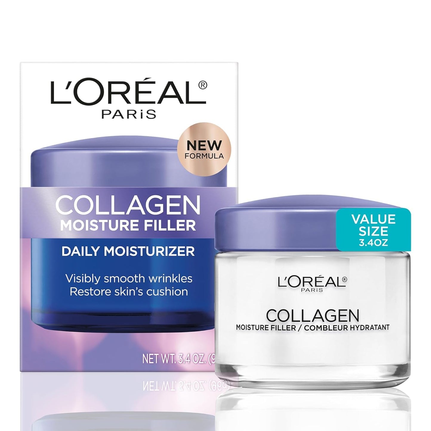 L'Oreal Paris Hidratante facial diario de colágeno, crema facial antienvejecimiento para reducir las arrugas y proporcionar una hidratación intensa, 1.7 onzas