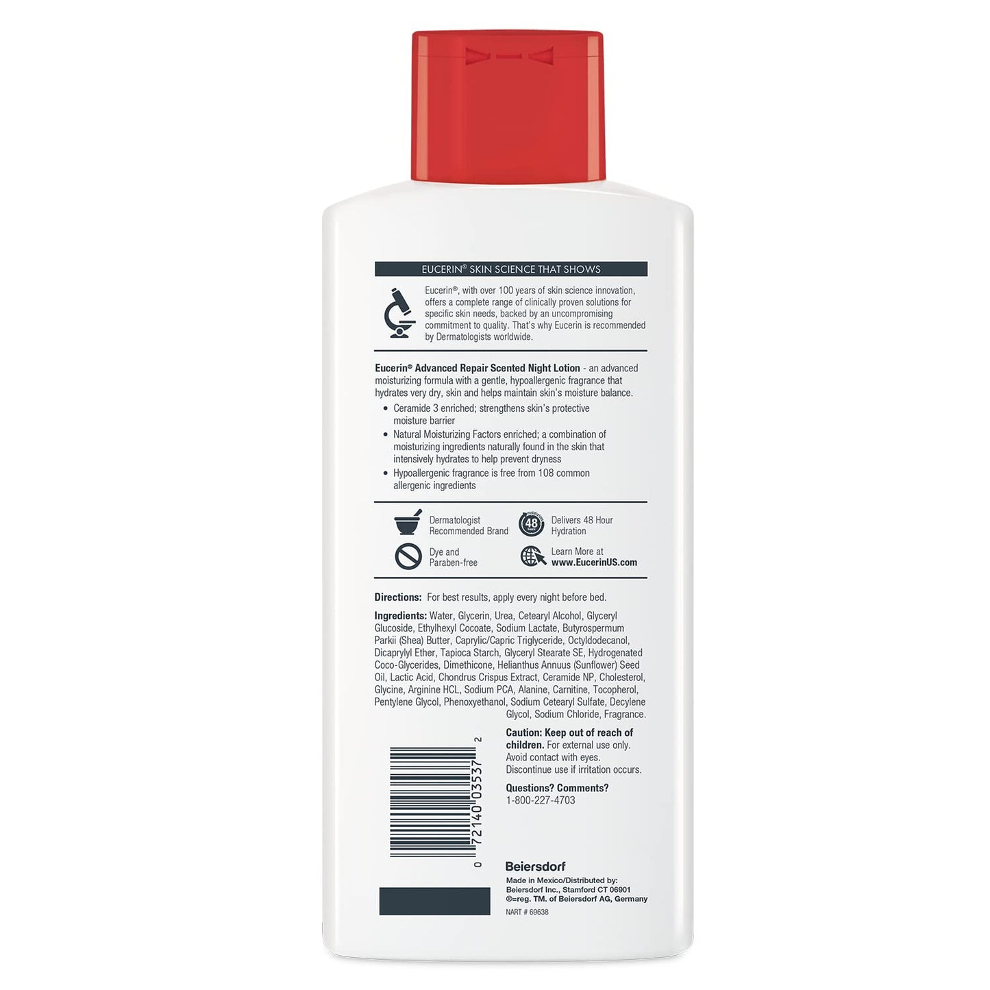Eucerin Loción Nocturna Perfumada de Reparación Avanzada, Loción Corporal Hidratante de 48 Horas para Piel Seca con un Aroma Calmante Hipoalergénico, Sin Parabenos, Botella de 13.5 Fl Oz