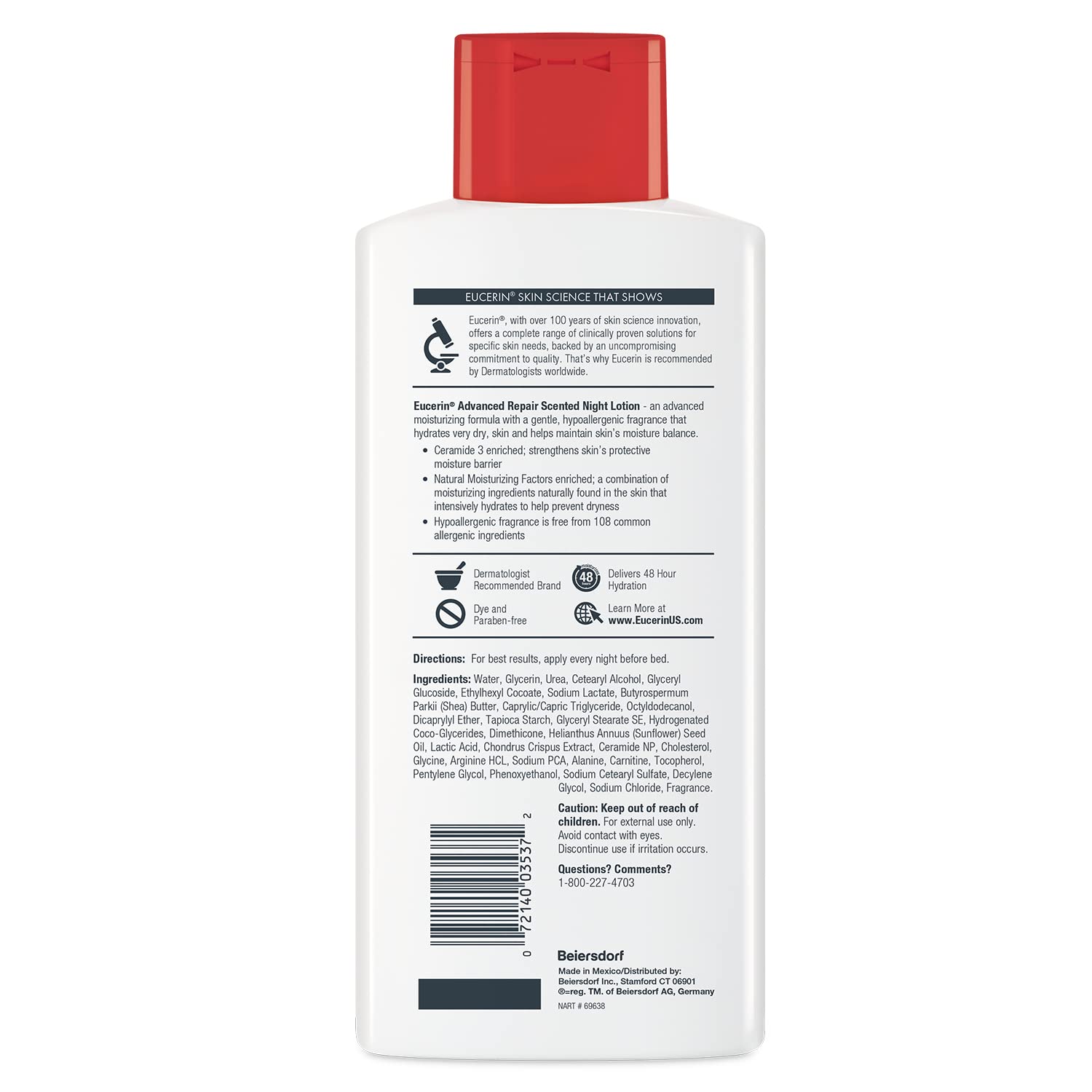 Eucerin Loción Nocturna Perfumada de Reparación Avanzada, Loción Corporal Hidratante de 48 Horas para Piel Seca con un Aroma Calmante Hipoalergénico, Sin Parabenos, Botella de 13.5 Fl Oz
