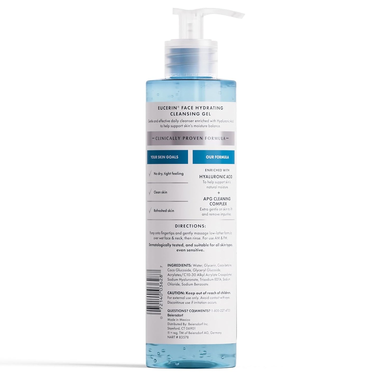 Gel limpiador hidratante y suave para rostro de Eucerin, lavado diario facial y removedor de maquillaje con ácido hialurónico, botella de 13.5 onzas líquidas