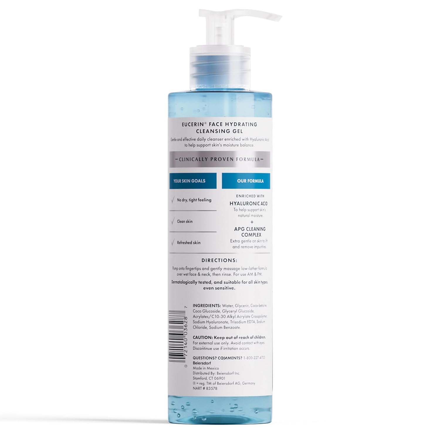 Gel limpiador hidratante y suave para rostro de Eucerin, lavado diario facial y removedor de maquillaje con ácido hialurónico, botella de 13.5 onzas líquidas