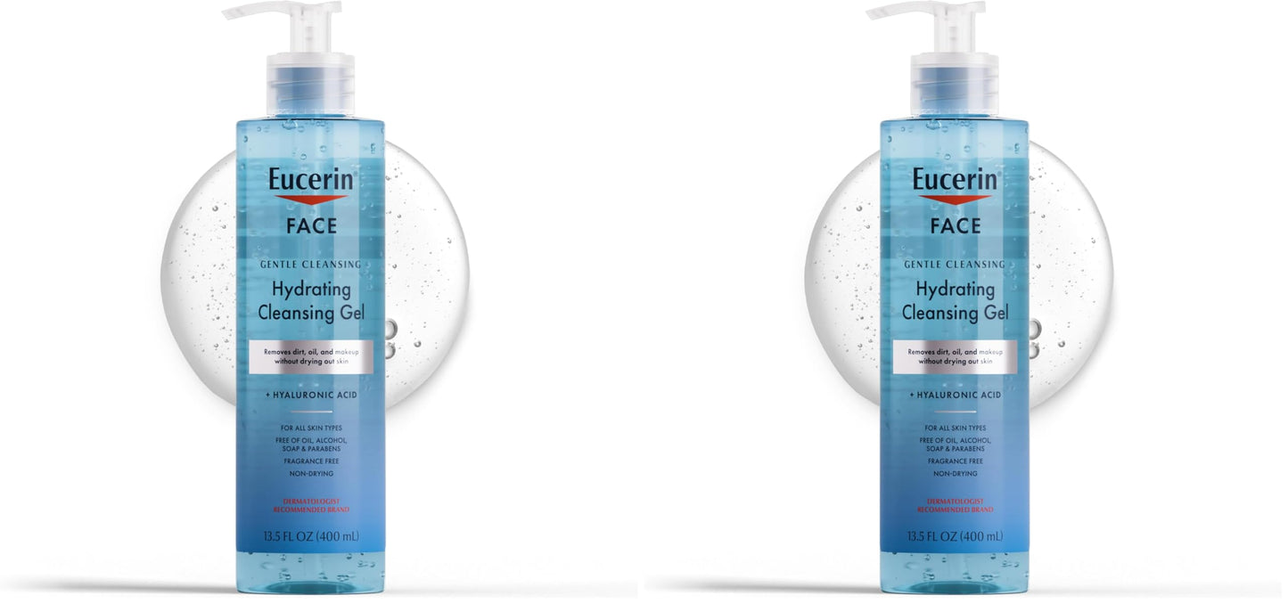 Gel limpiador hidratante y suave para rostro de Eucerin, lavado diario facial y removedor de maquillaje con ácido hialurónico, botella de 13.5 onzas líquidas
