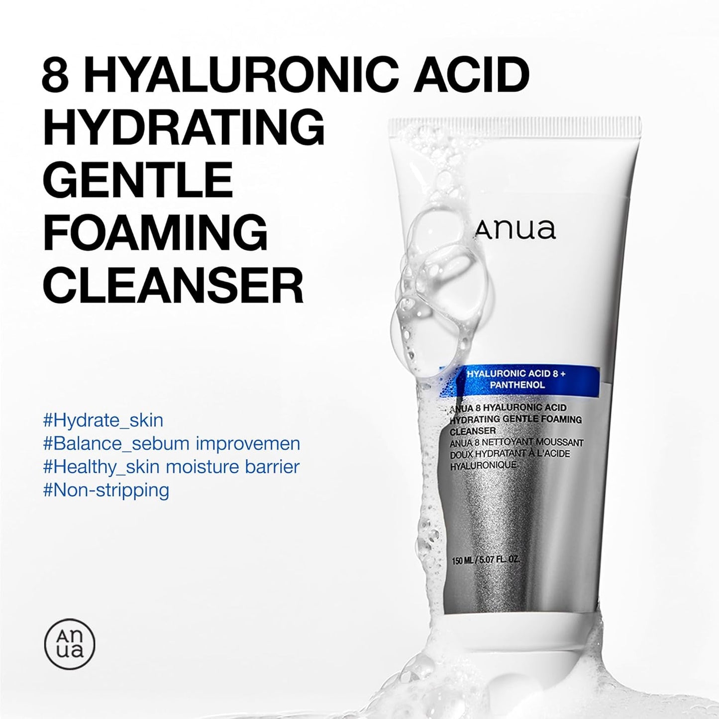 Anua - Limpiador facial hidratante de espuma suave, ácido hialurónico, glicerina, zinc, pantenol, lavado facial coreano para pieles secas, para doble limpieza, cuidado de la piel coreano (150ml/5.07fl