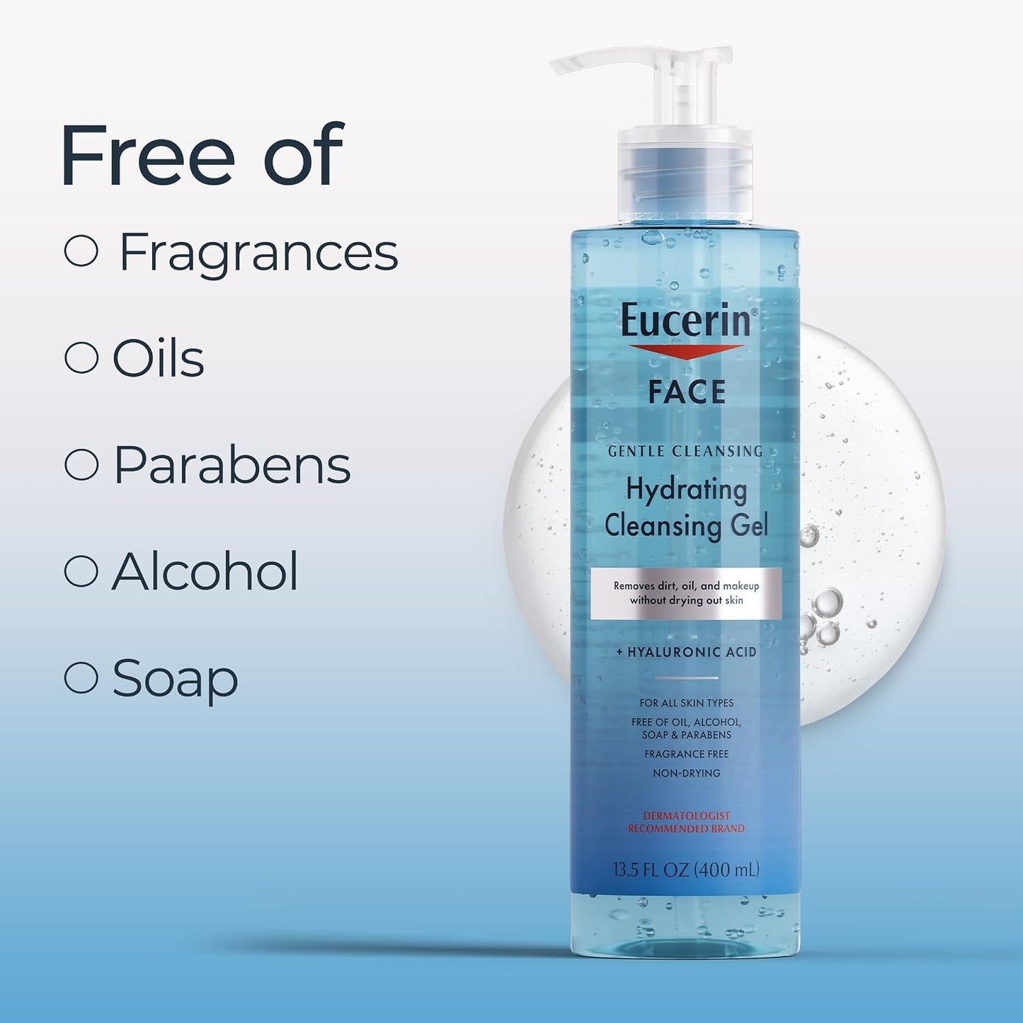 Gel limpiador hidratante y suave para rostro de Eucerin, lavado diario facial y removedor de maquillaje con ácido hialurónico, botella de 13.5 onzas líquidas
