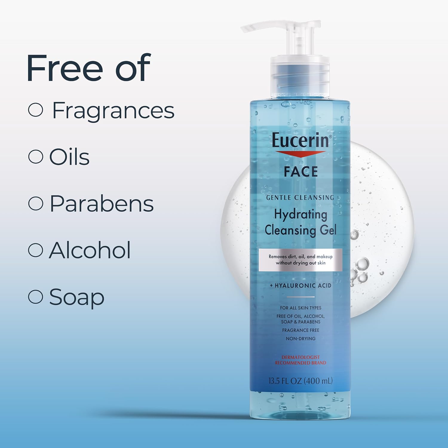 Gel limpiador hidratante y suave para rostro de Eucerin, lavado diario facial y removedor de maquillaje con ácido hialurónico, botella de 13.5 onzas líquidas