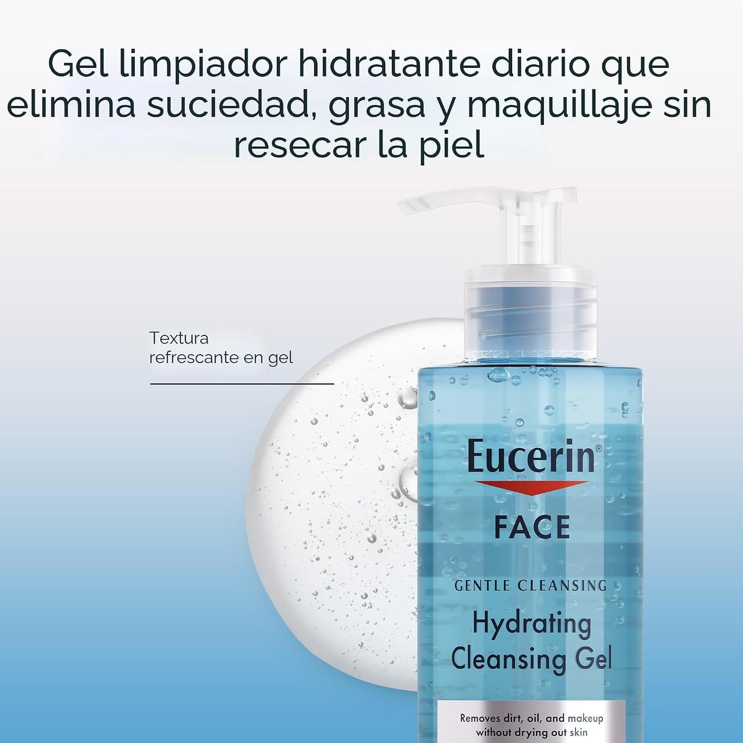 Gel limpiador hidratante y suave para rostro de Eucerin, lavado diario facial y removedor de maquillaje con ácido hialurónico, botella de 13.5 onzas líquidas
