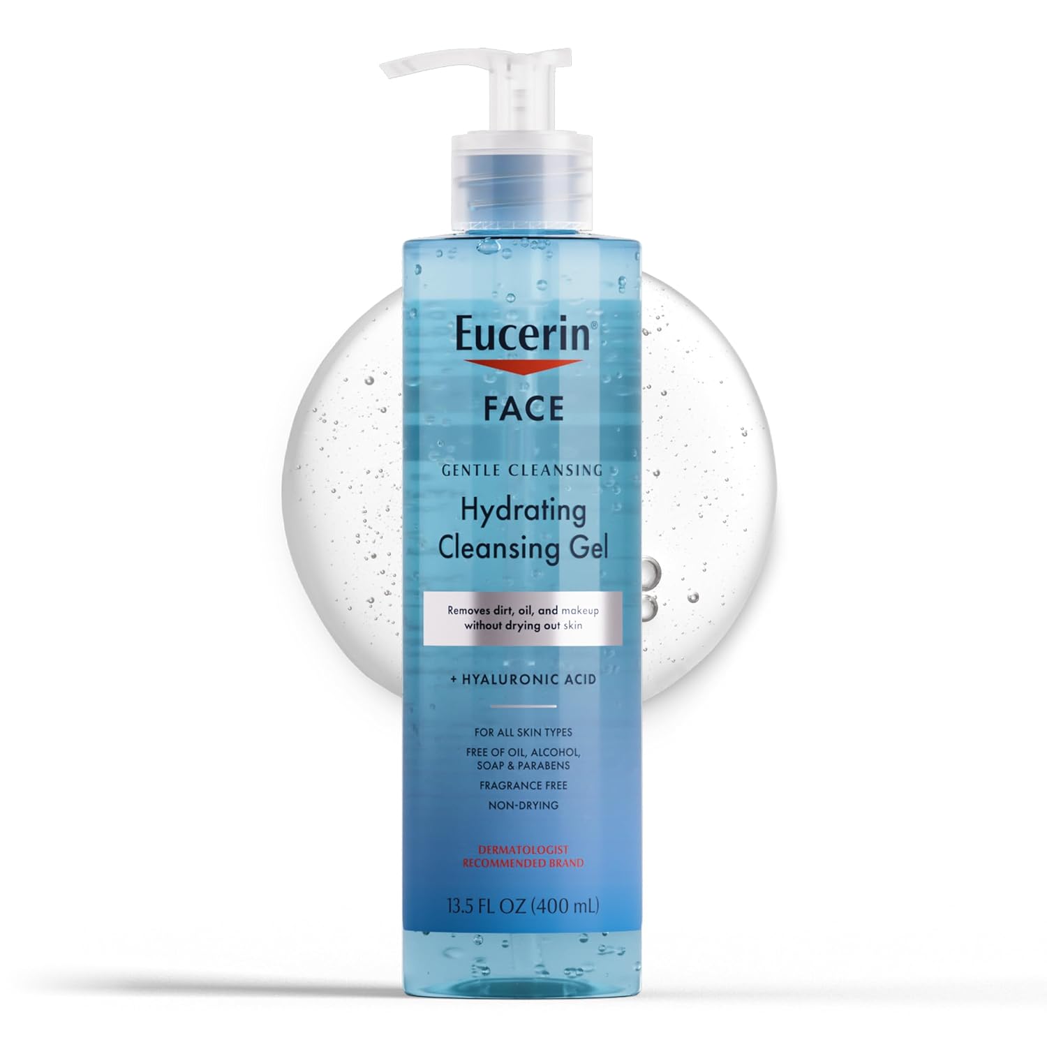 Gel limpiador hidratante y suave para rostro de Eucerin, lavado diario facial y removedor de maquillaje con ácido hialurónico, botella de 13.5 onzas líquidas