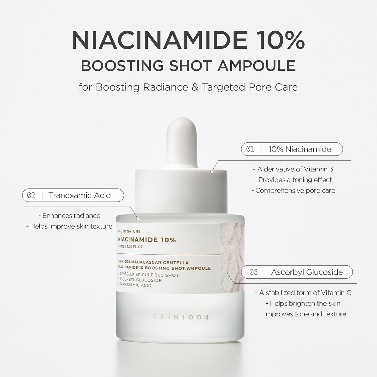 SKIN1004 Ampollón de Impulso de Niacinamida 10%, 1.01 fl.oz, 30ml, Suero Hidratante de Niacinamida, Suero Facial Concentrado Coreano con Ácido Tranexámico, Centella de Madagascar, Cuidado de la Piel