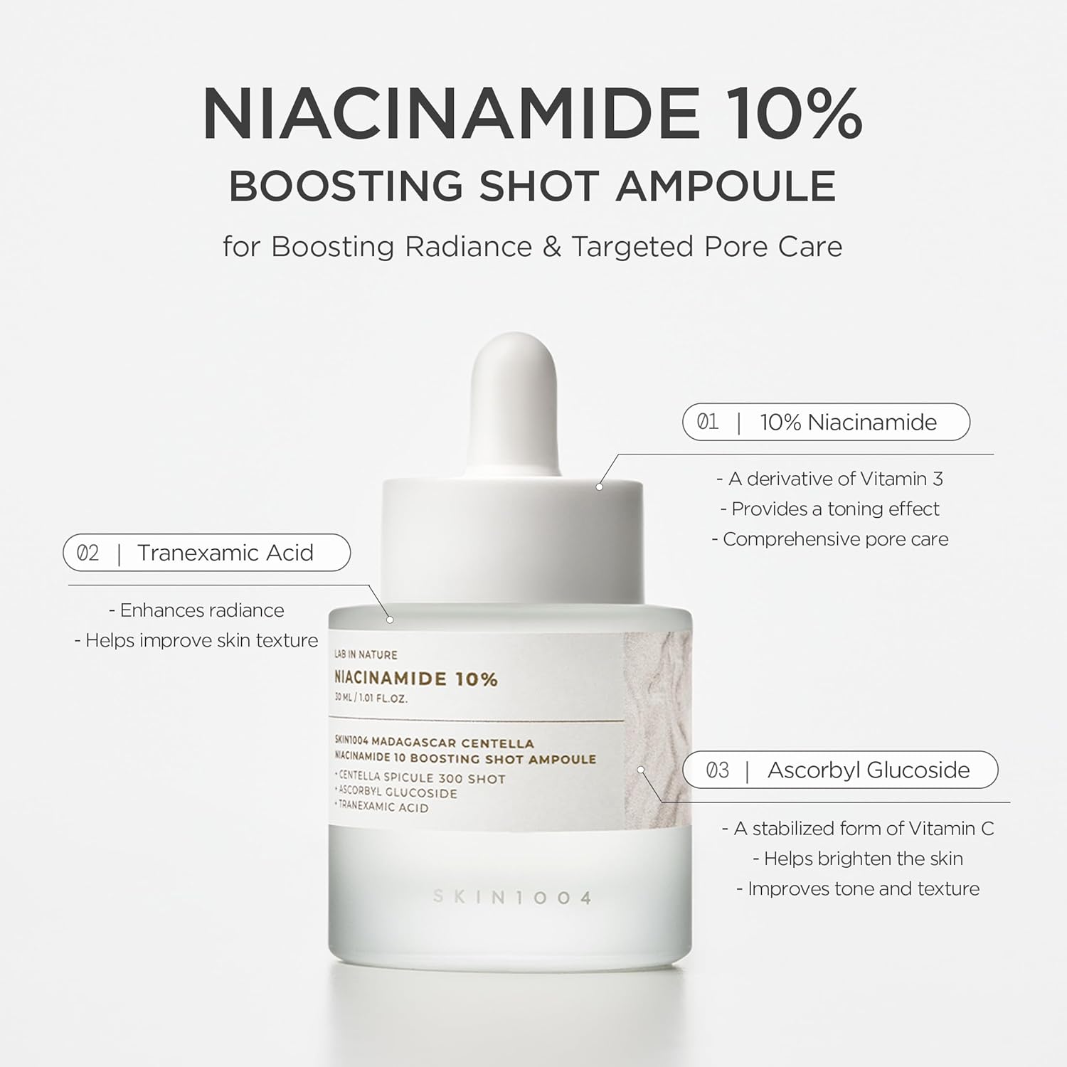 SKIN1004 Ampollón de Impulso de Niacinamida 10%, 1.01 fl.oz, 30ml, Suero Hidratante de Niacinamida, Suero Facial Concentrado Coreano con Ácido Tranexámico, Centella de Madagascar, Cuidado de la Piel