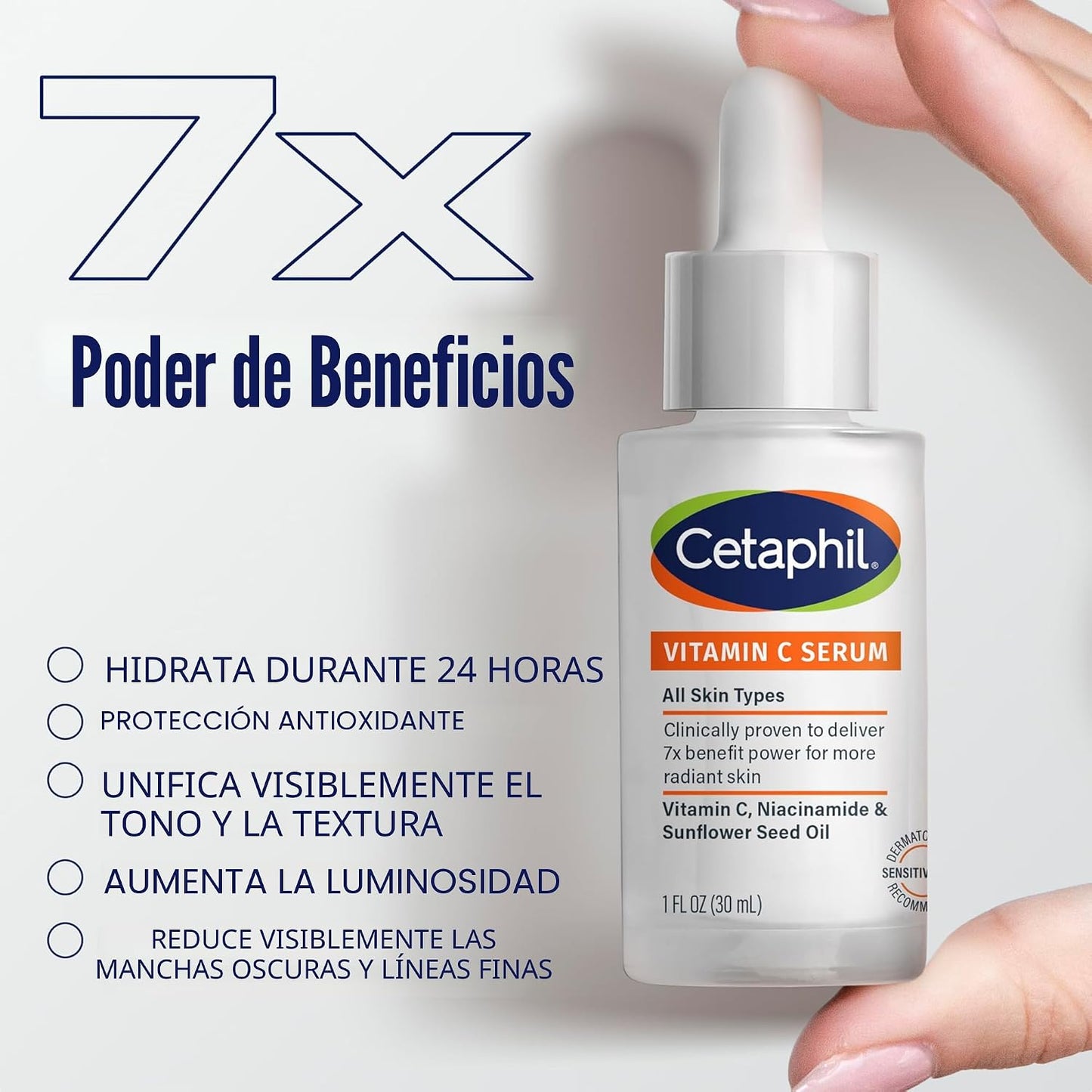 Cetaphil Suero de vitamina C, reduce visiblemente el aspecto de las manchas oscuras y la hiperpigmentación, formulado con niacinamida, diseñado para pieles sensibles, sin fragancia, probado por