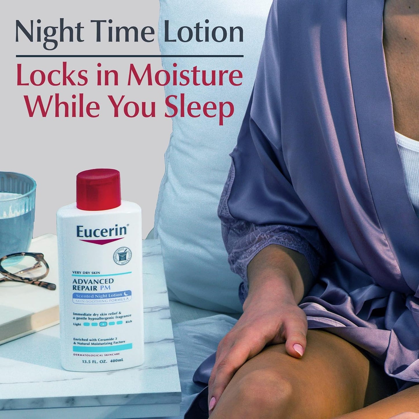 Eucerin Loción Nocturna Perfumada de Reparación Avanzada, Loción Corporal Hidratante de 48 Horas para Piel Seca con un Aroma Calmante Hipoalergénico, Sin Parabenos, Botella de 13.5 Fl Oz