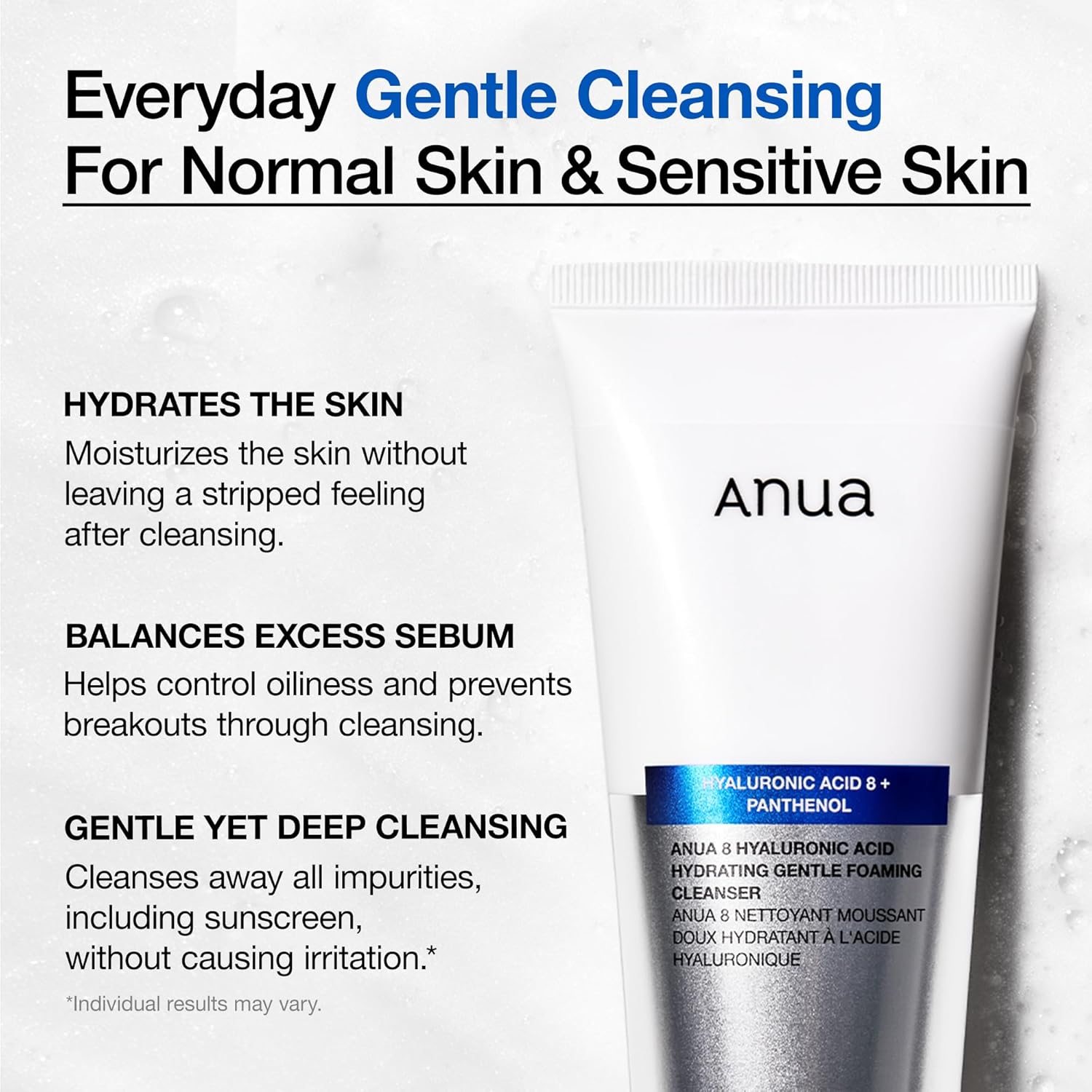 Anua - Limpiador facial hidratante de espuma suave, ácido hialurónico, glicerina, zinc, pantenol, lavado facial coreano para pieles secas, para doble limpieza, cuidado de la piel coreano (150ml/5.07fl