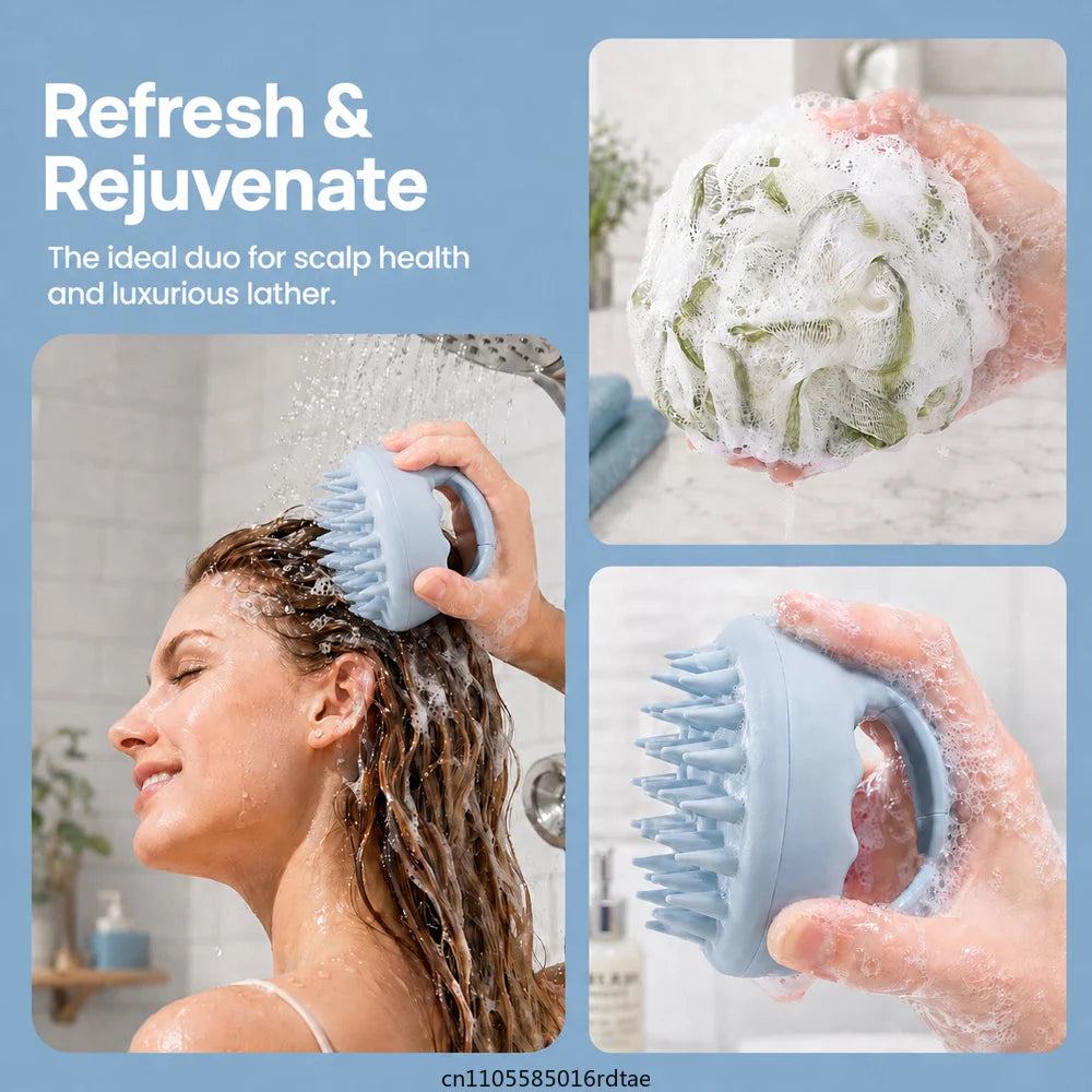 Hair Scalp Massager & Large Bath Balls Shower,Shampoo Brush and Body Cleaning Mesh Set
