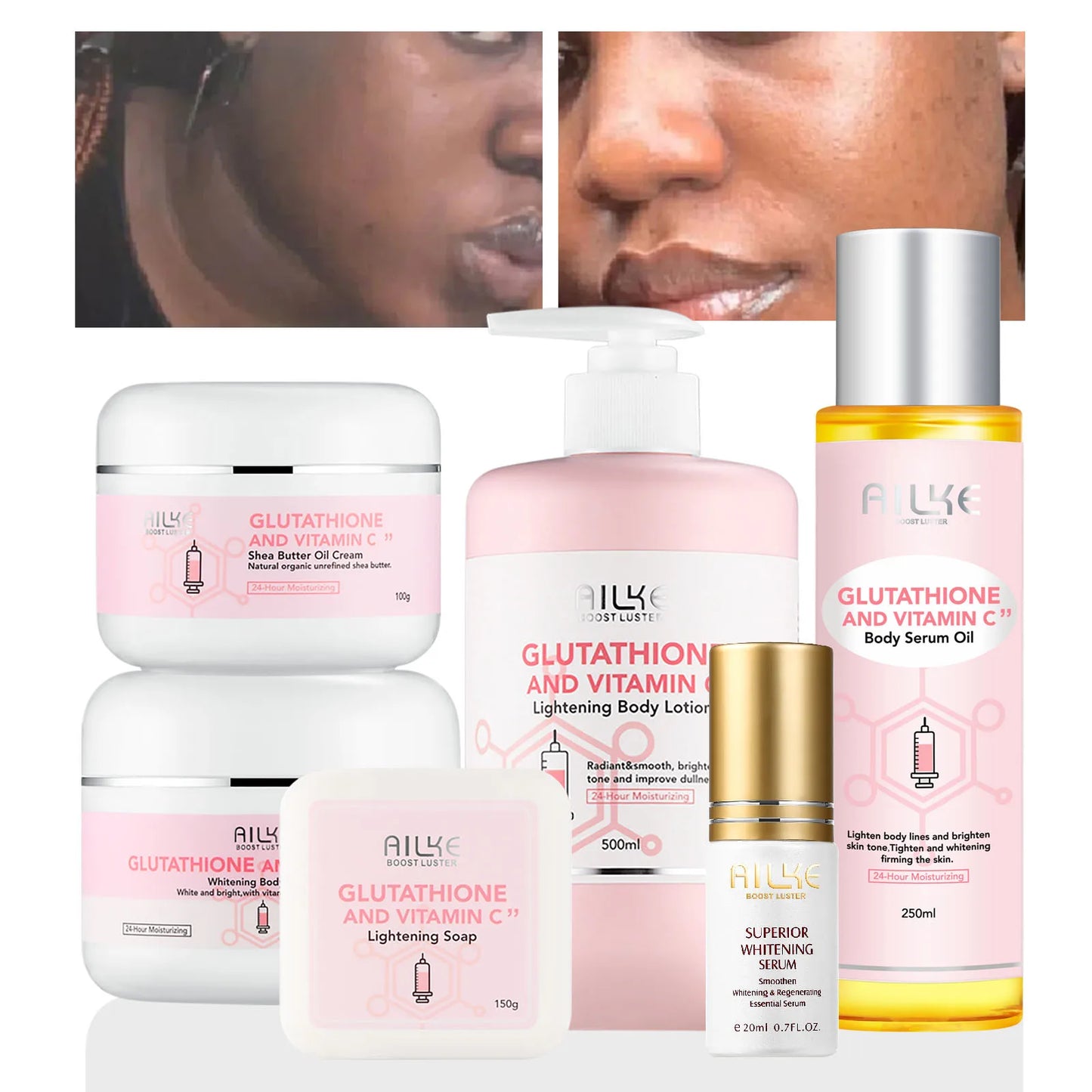 AILKE Glutathione & Vitamin C Kit, With Whitening Lotion, Moisturizing Cream, Lightening Soap, Spa Oil, Glowing Body Cream