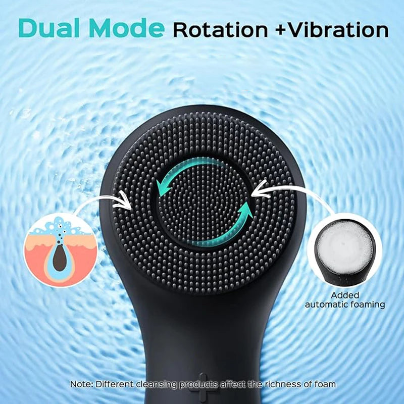 Cepillo de limpieza facial de silicona con modos de rotación y vibración duales, masaje por vibración facial, cepillo facial con carga USB