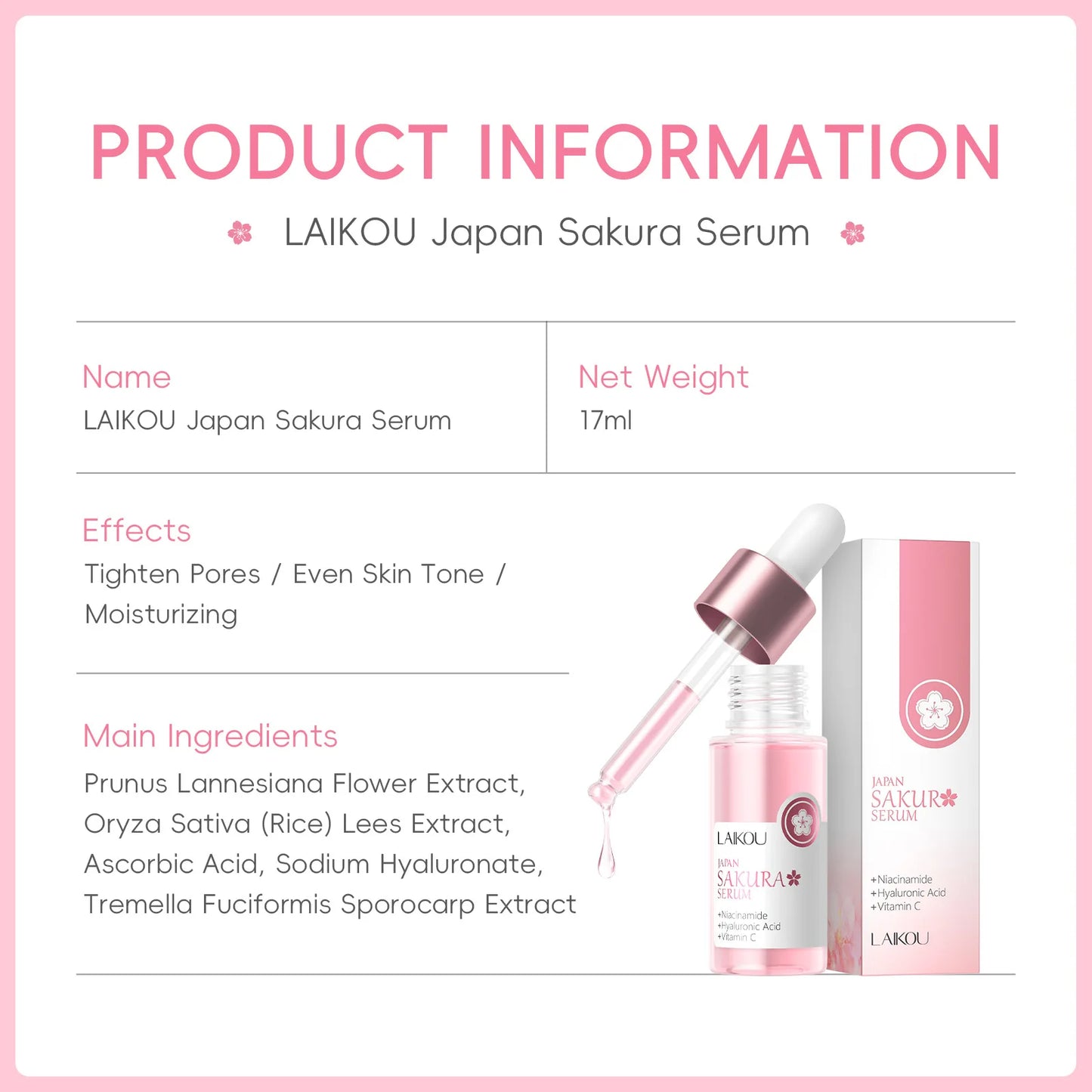 Suero de extracto de Sakura japonés, 17ml, minimiza los poros, ilumina la piel, cuidado hidratante, potenciador de brillo, efecto duradero