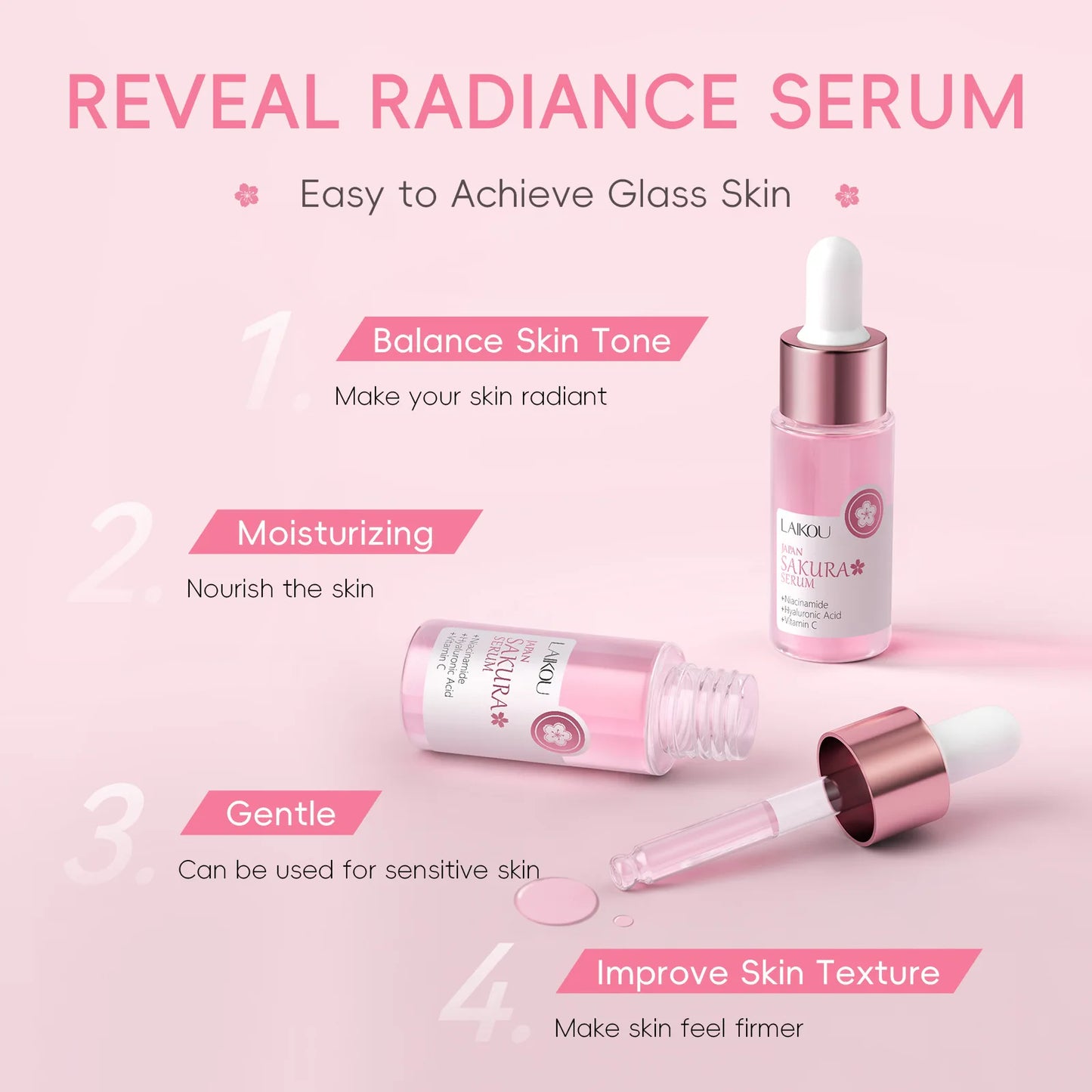 Suero de extracto de Sakura japonés, 17ml, minimiza los poros, ilumina la piel, cuidado hidratante, potenciador de brillo, efecto duradero