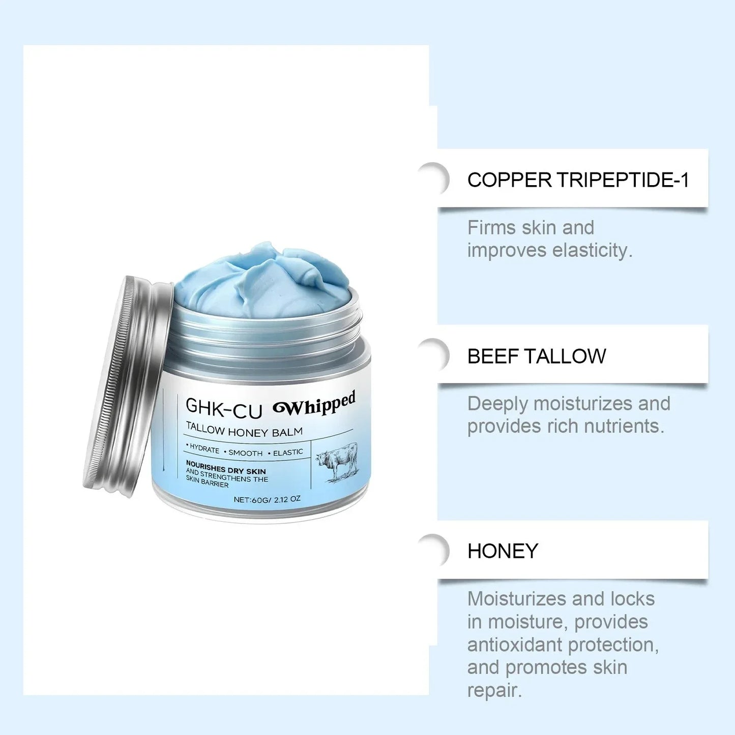 Blue Balm Moisturizer with GHK-Cu Copper Peptides & Beef Tallow: Manuka Honey Care for Mature Dry Skin