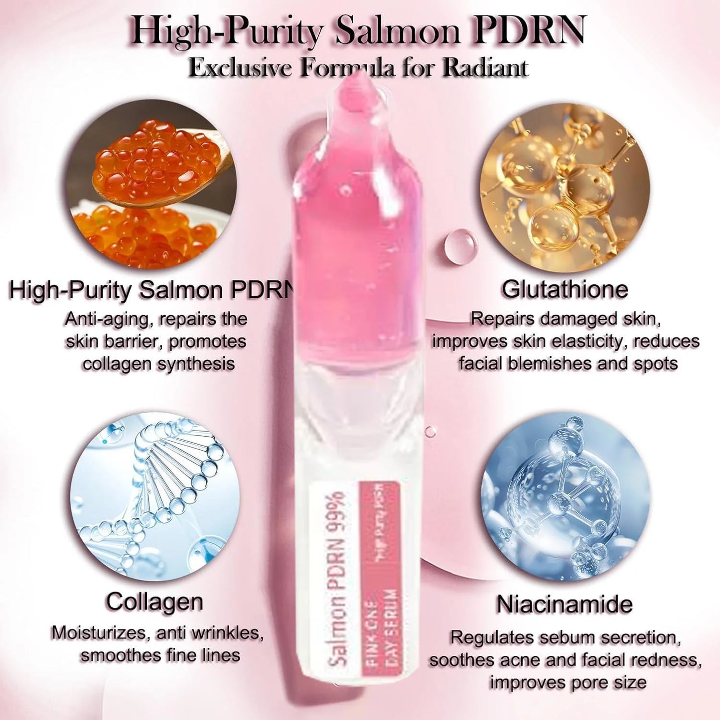 Suero PDRN de Salmón, ADN de Salmón para el Rostro, Suero PDRN Reafirmante, Reparador e Hidratante con Colágeno, Ácido Hialurónico, 0.05 fl.oz x 10