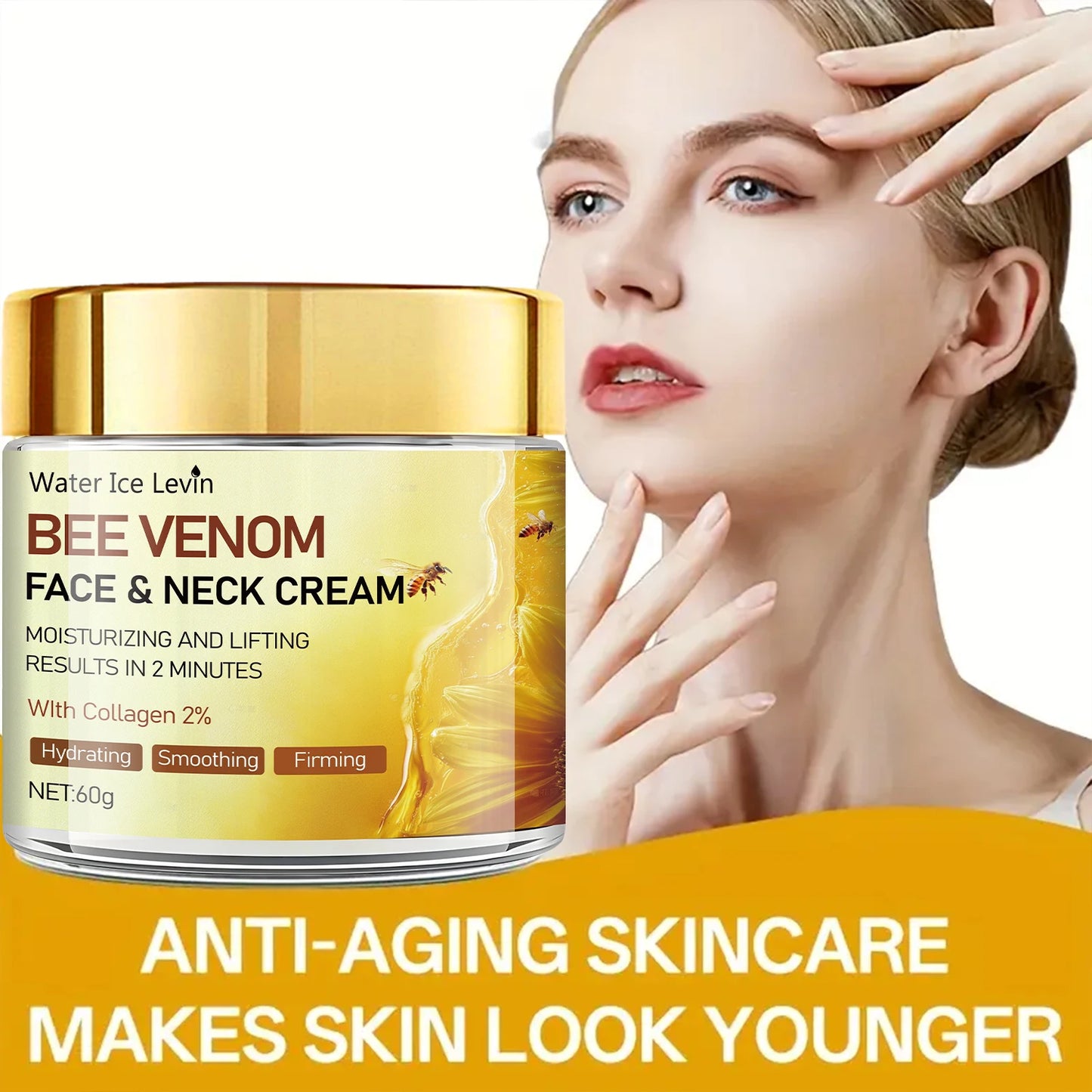 Water Ice Levin Bee Venom Face Neck Cream. 2 Minute Lift, 2% Collagen. Hydrates, Smooths, Firms, Glows. 60g.